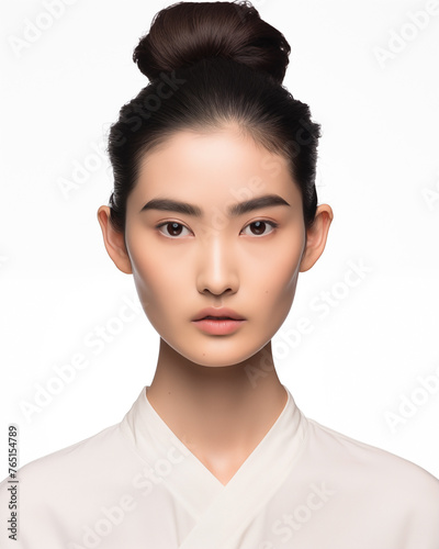 Serene portrait of a young Asian woman, simple background, studio lighting