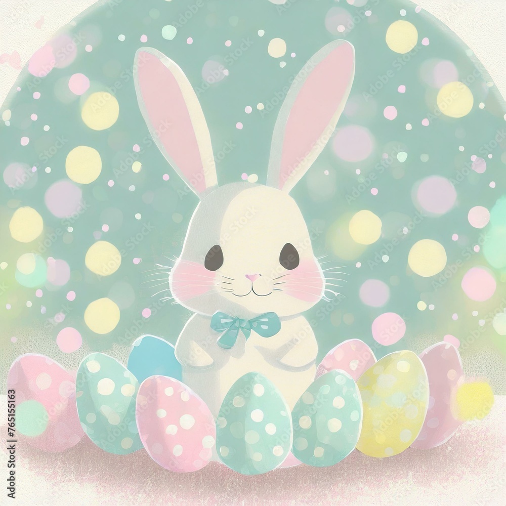 Easter bunny rabbit with colorful easter eggs. Cute springtime clipart in pastel watercolours, bokeh light. Easter bunny rabbit with colorful easter eggs. Cute springtime clipart in pastel watercolours, bokeh light.