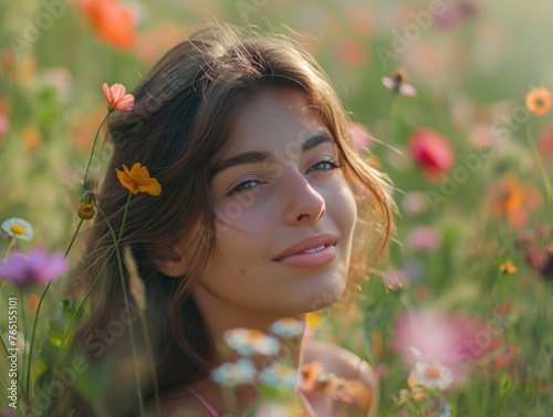 A woman is smiling in a field of flowers. The flowers are of various colors, including yellow, orange, and pink. The woman is wearing a pink shirt and she is enjoying the beautiful scenery