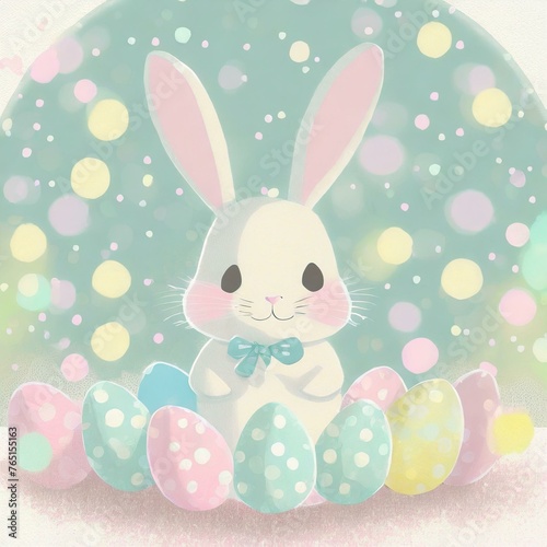 Easter bunny rabbit with colorful easter eggs. Cute springtime clipart in pastel watercolours, bokeh light. 