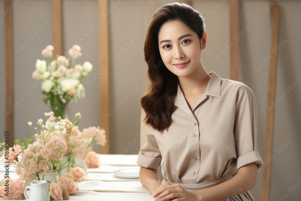 Woman sitting at a table in front of a vase of flowers, suitable for home decor Woman sitting at a table in front of a vase of flowers, suitable for home decor