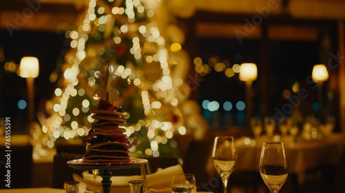 a table topped with a christmas tree next to a glass of wine and a plate with a cake on it.