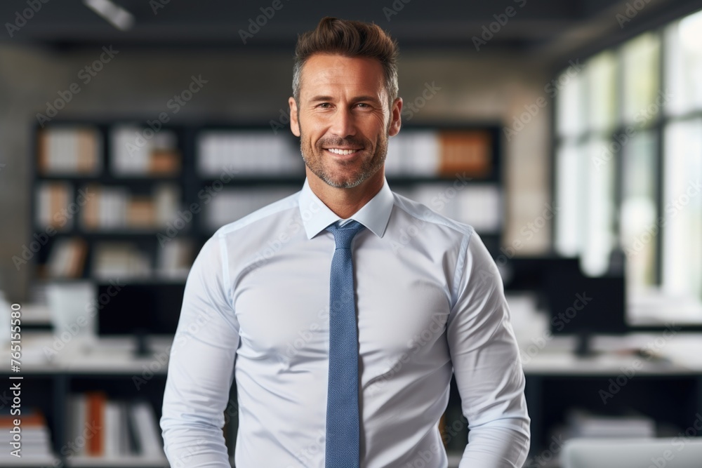 A man dressed in a white shirt and blue tie, suitable for business concepts
