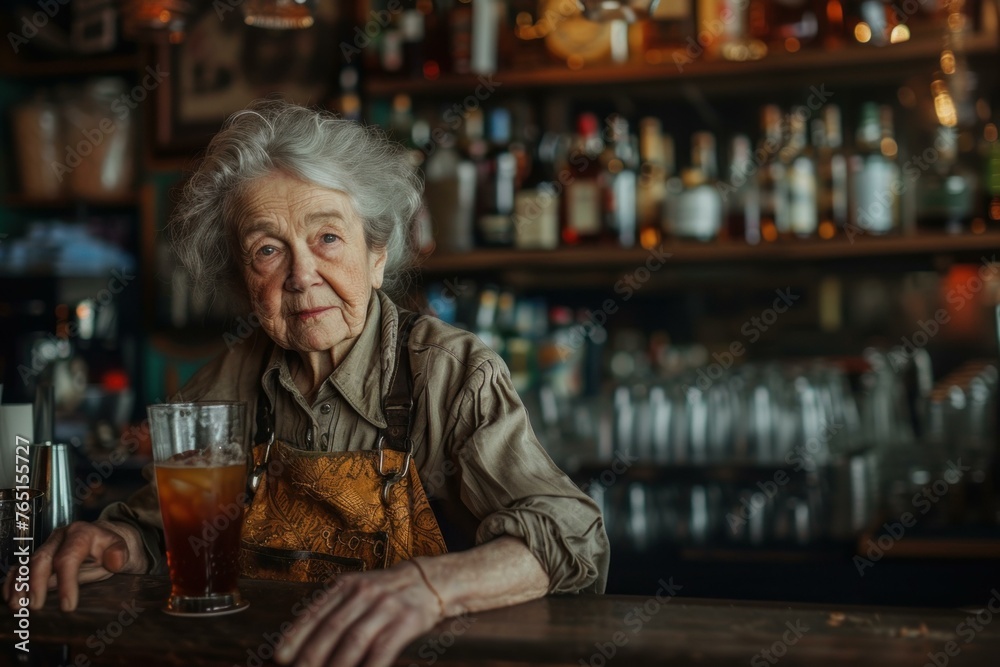 Bartender old woman bar. Male lager shaker. Generate Ai