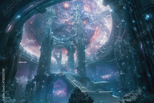 Ancient ruin temple with enigmatic space phenomena - Mysterious ancient temple ruins amidst surreal space phenomena offer an escape into a digital realm of fantasy