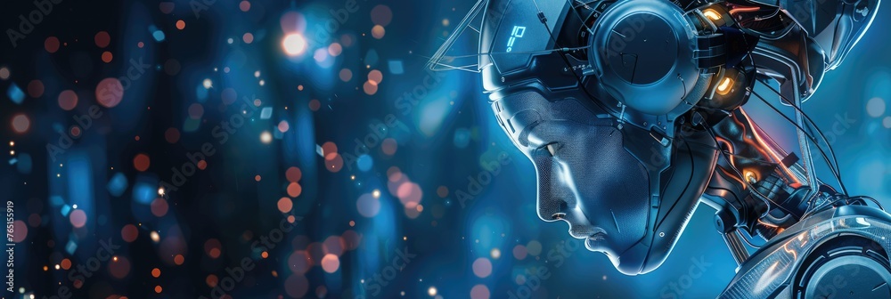 Close-up of futuristic cyborg face profile - A dramatic and visually compelling close-up of a future-inspired cyborg face against a backdrop of scattered light points