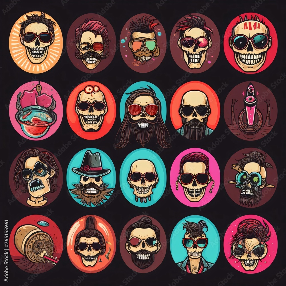 Hipster skull icons set. Cartoon illustration of hipster skull vector icons for web