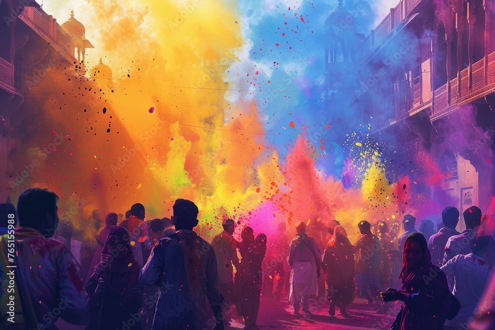 Crowd celebrating Holi festival with colors - Festive scene of a crowd celebrating the Holi festival with colorful powders thrown in the air, creating a lively atmosphere