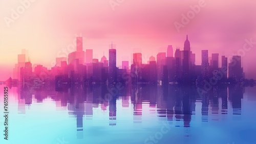 Colorful city skyline with water reflection - A vibrant  colorful representation of a city skyline with skyscrapers and its reflection on the water at dusk