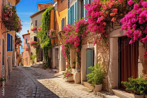 Cozy street in the historic center of Antibes, France, French Riviera near the Mediterranean Sea.