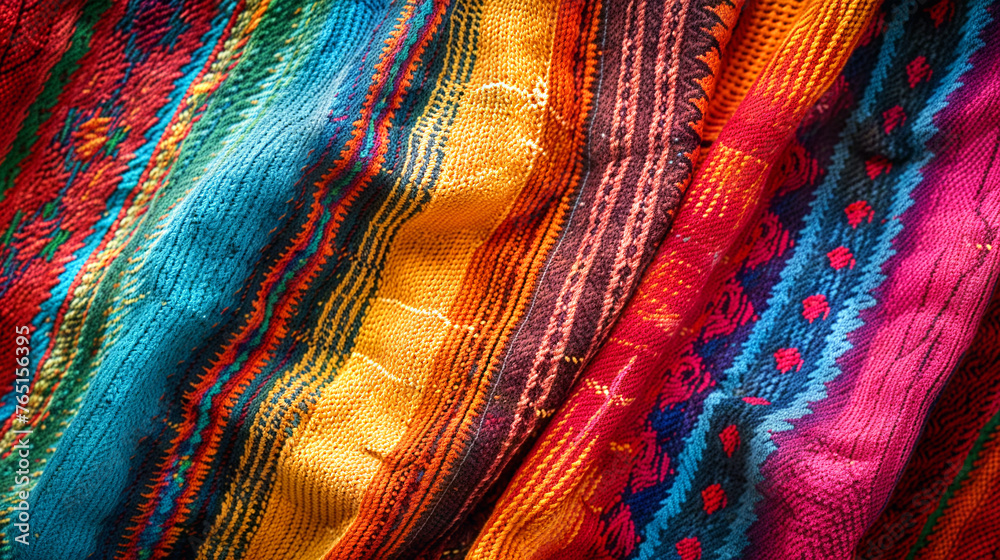 Cinco De Mayo Celebrations: Multi-color Striped Mexican Poncho Background, Traditional May 5th Fiesta Blanket Rug Pattern - Vibrant Copy Space Holiday Image
