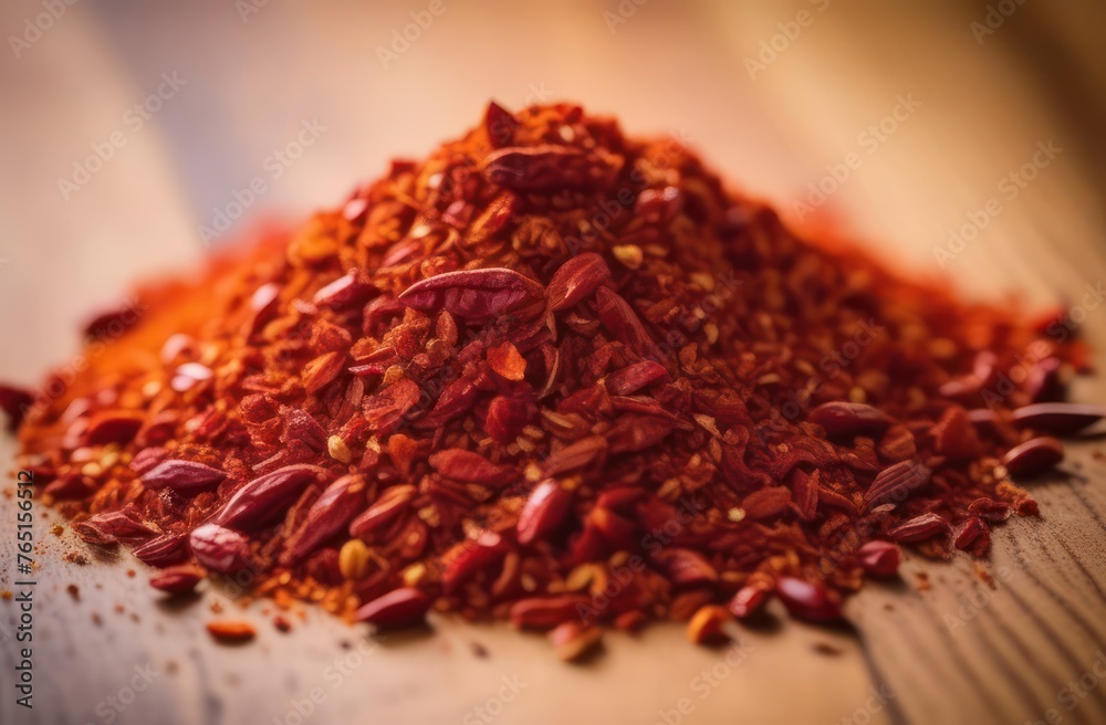Close up spicy chili red pepper flakes, chopped, milled dry paprika Close up spicy chili red pepper flakes, chopped, milled dry paprika