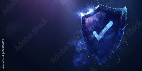 A dark blue polygonal wireframe shield with a check mark symbolizing secure cybersecurity protection. Concept Cybersecurity, Shield, Protection, Wireframe, Checkmark photo