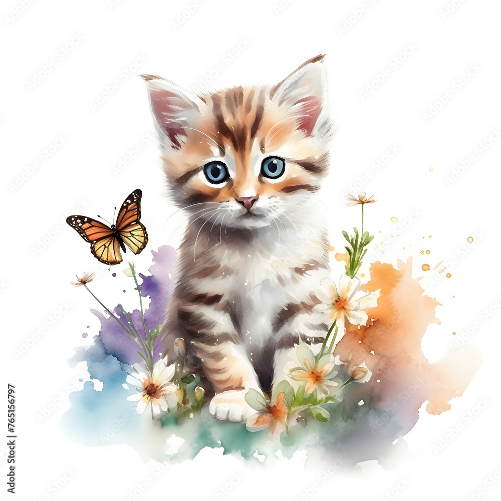 Watercolor Cute Kitten Clipart With Flowers
