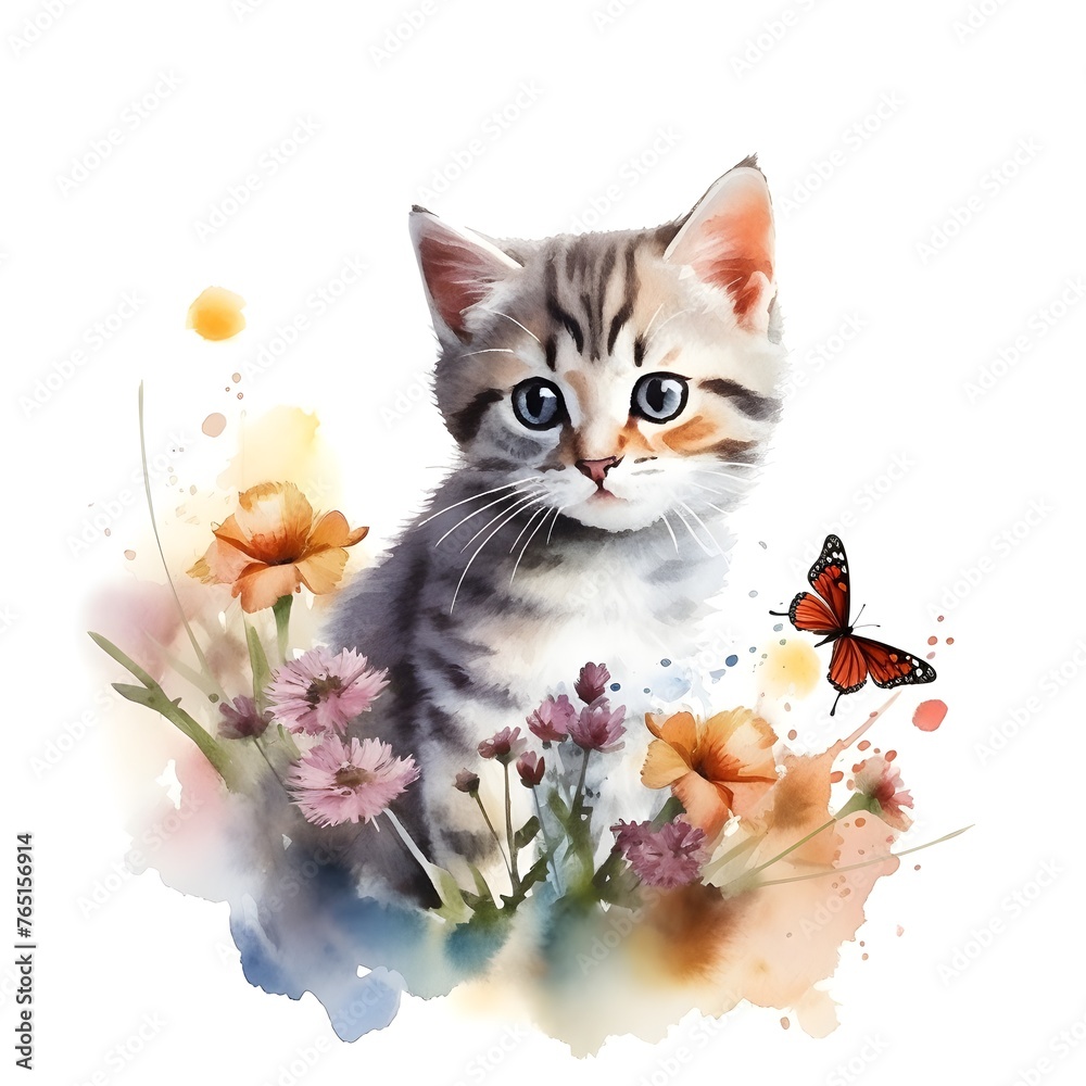 Watercolor Cute Kitten Clipart With Flowers