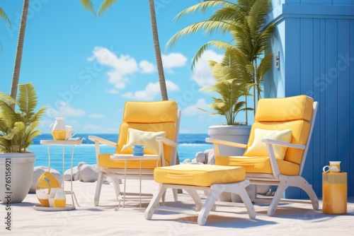 A peaceful yellow chair placed on a sandy beach  perfect for relaxation