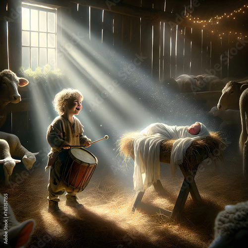A little drummer boy with curly hair plays a drum beside a newborn lying in a manger, surrounded by farm animals with sunlight streaming through a barn window