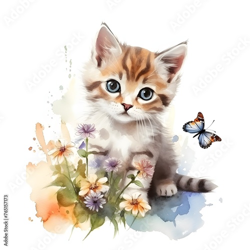 Watercolor Cute Kitten Clipart With Flowers