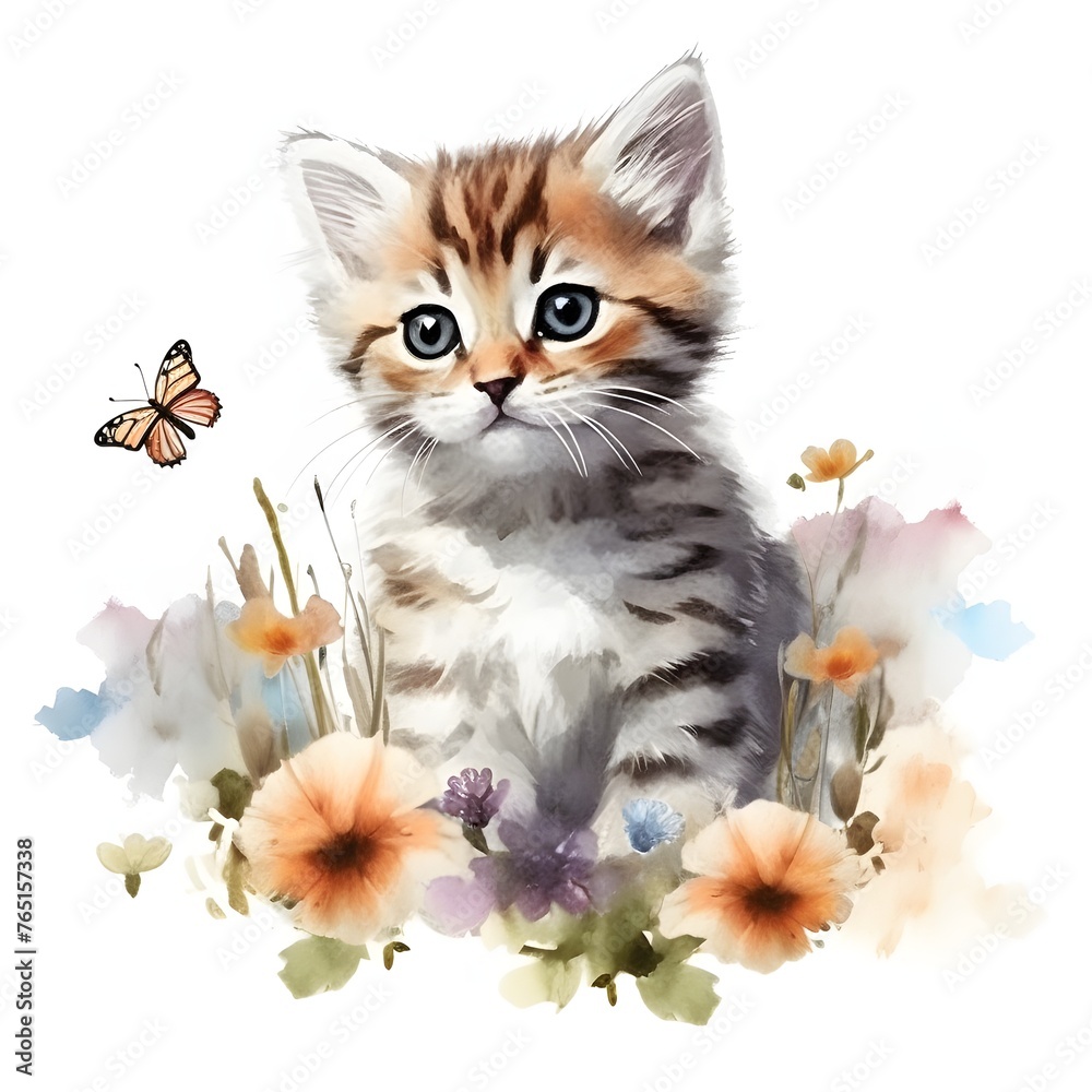 Watercolor Cute Kitten Clipart With Flowers