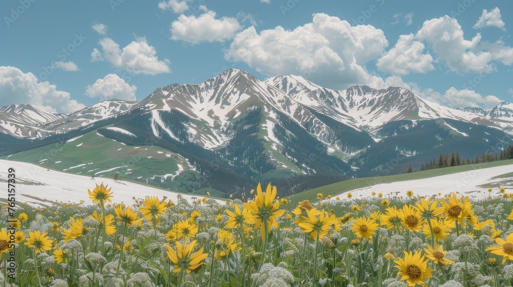 a field of sunflowers in front of a mountain range with snow on the top of the mountains in the distance.
