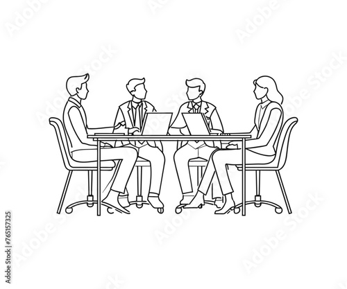 Business meeting of group office people, work on laptop, line drawing. Teamwork, learning or business talking, partnership in work. Simple minimalism outline style. Vector illustration