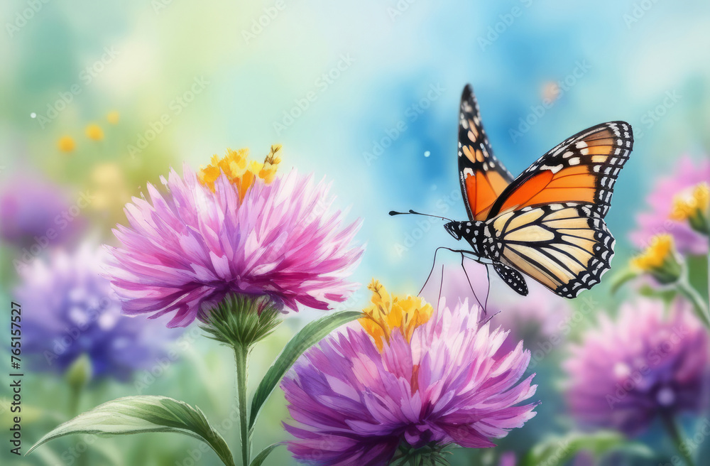 Watercolor drawing of nature with flowers and butterflies.