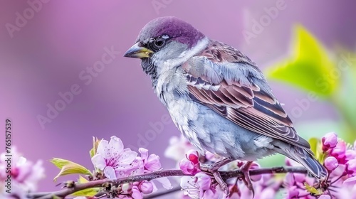 a small bird sitting on a branch of a tree with pink flowers in the foreground and a blurry background.