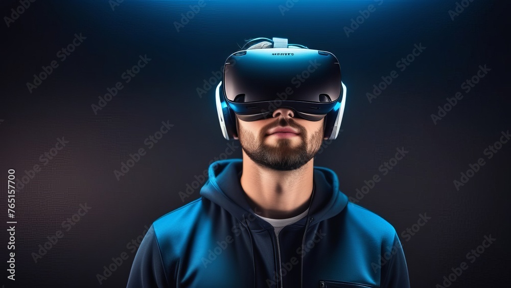 \Guy wearing virtual reality glasses. Computers. Virtual experience. Virtual reality headset. Generative AI \Guy wearing virtual reality glasses. Computers. Virtual experience. Virtual reality headset. Generative AI