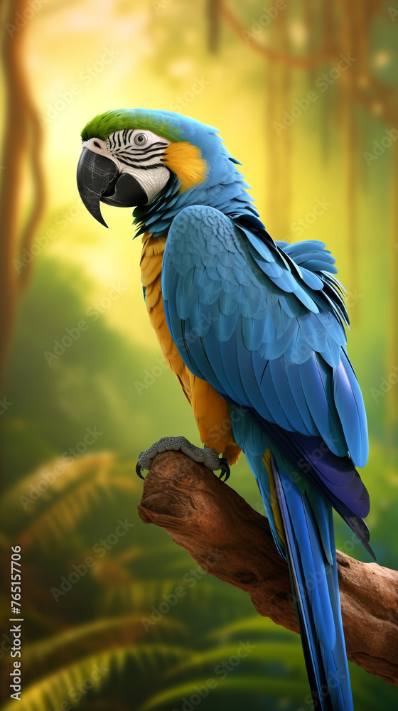 a blue macaw bird on a tree branch, in the background of the Amazon jungle сreated with Generative Ai