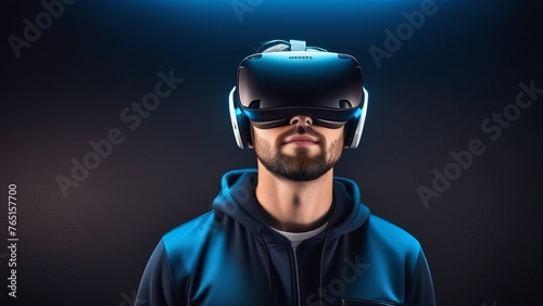 \Guy wearing virtual reality glasses. Computers. Virtual experience. Virtual reality headset. Generative AI © Sarbinaz Mustafina