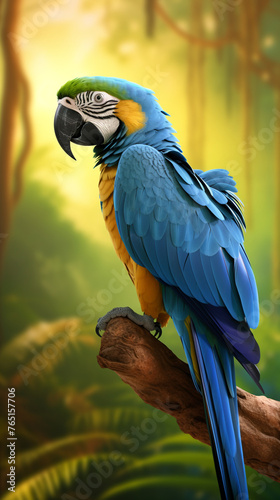 a blue macaw bird on a tree branch  in the background of the Amazon jungle   reated with Generative Ai