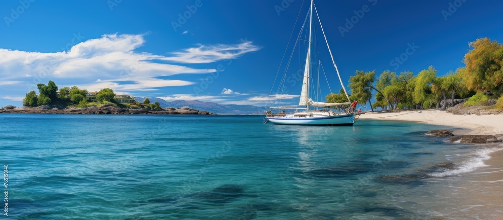 Sunny beach adorned with a sailboat
