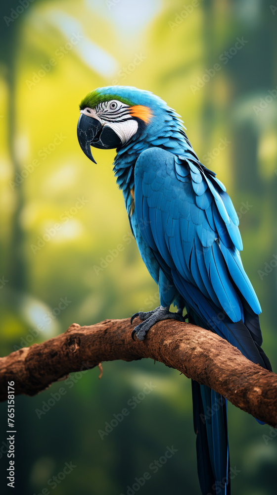 Fototapeta premium a blue macaw bird on a tree branch, in the background of the Amazon jungle сreated with Generative Ai