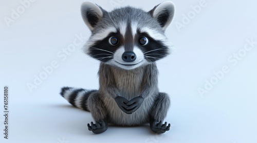 3D rendering of a cute and fluffy raccoon sitting on a white background.