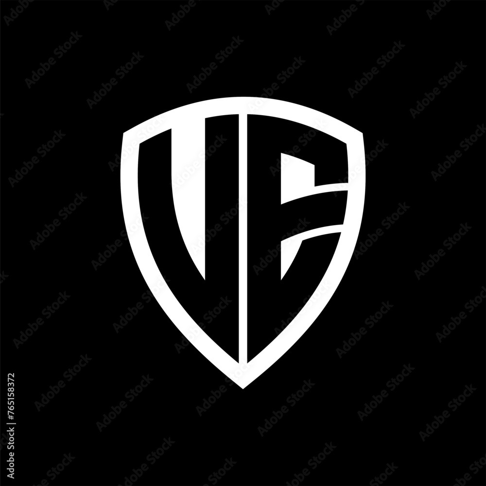 UE monogram logo with bold letters shield shape with black and white color design