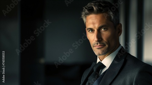 A handsome, confident businessman in a dark suit and tie looks directly at the camera with a serious expression.