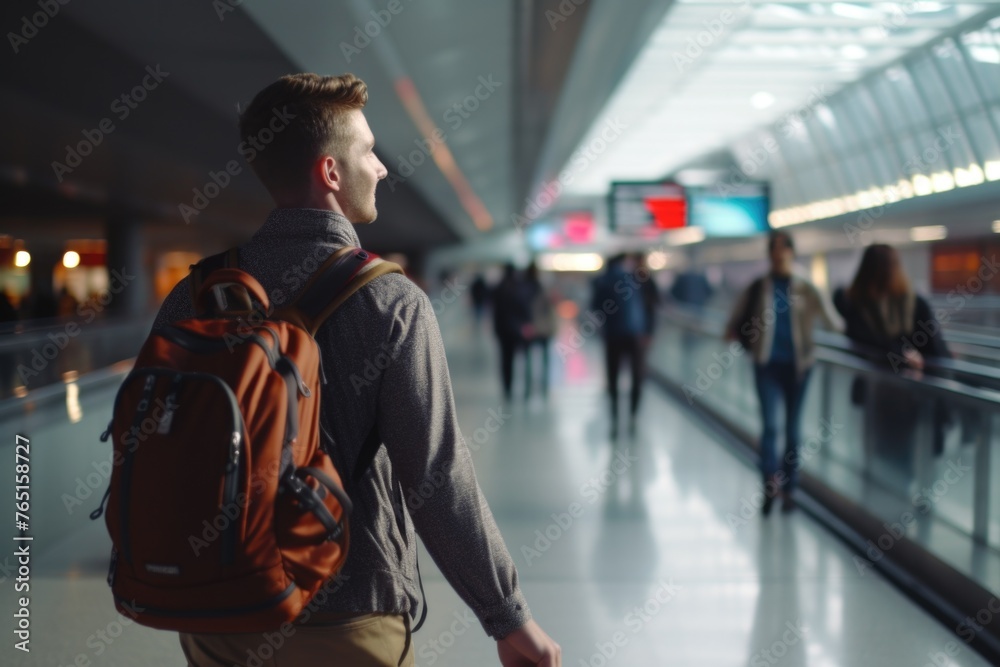 Fototapeta premium A man with a backpack walking down a hallway