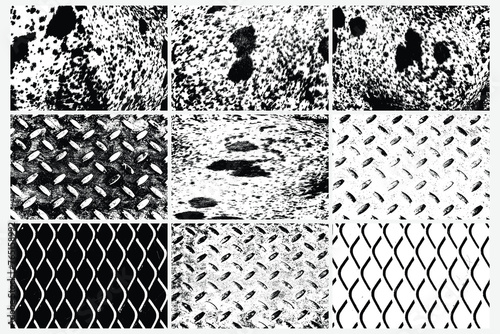 Set of various grunge black white textures vector backgrounds. Abstract overlay. Metal floor rhombus shapes, Aluminum dark metal, dirty diamond shapes, Rhombus fence, spotted cowhide, Cow fur skin.