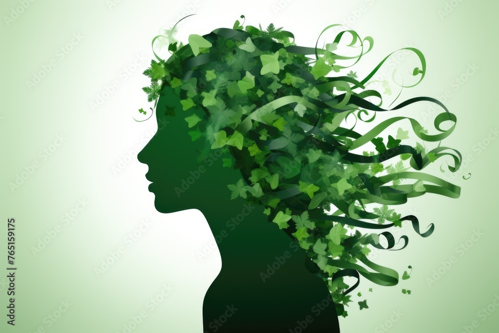 A woman wearing a headpiece made of green leaves, perfect for nature-themed designs