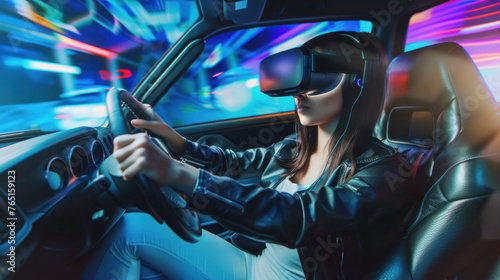 Woman wearing a leather jacket in a car using a VR headset, surrounded by vibrant light projections © Fxquadro