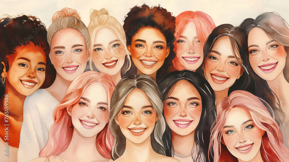 Harmony in Diversity: Ten Women's Joyful Watercolor Portrait, United in Friendship