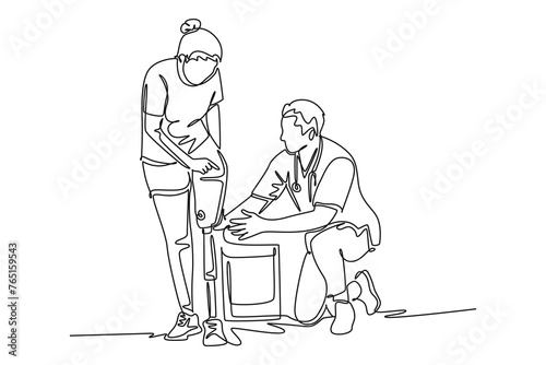 Simple continuous line drawing of male physiotherapist take care woman with prosthetic leg. modern medicine. Modern technology minimalist concept. Icon of technology. Simple line.