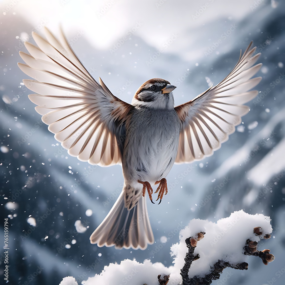 Naklejka premium Flying Tree Sparrow in sky. bird in flight. sparrows flying. House sparrow. Passer domesticus. Old World sparrows. New World sparrow. Passeridae. Passerellidae. Passeriformes. Passer montanus