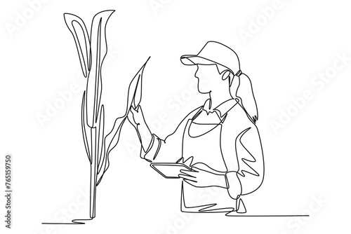 Simple continuous line drawing of Smart woman farmer agronomist using digital tabletg. modern medicine. Modern technology minimalist concept. Icon of technology. Simple line.