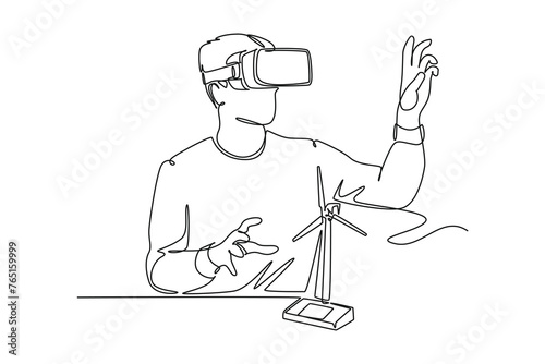 Simple continuous line drawing of young people wearing virtual reality simulator. turbine. modern technology. modern Hospital Physical Therapy. modern medicine. Modern technology minimalist concept. I