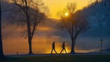 a couple of people walking down a street next to a body of water with a sun setting in the background.