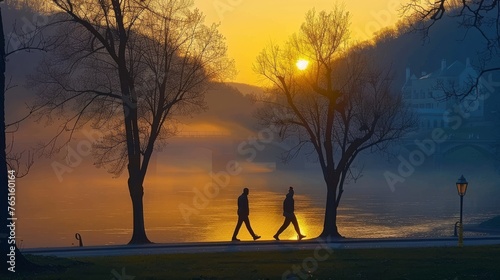a couple of people walking down a street next to a body of water with a sun setting in the background. © Alice