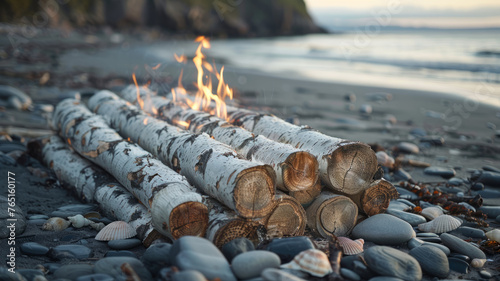 Bonfire on a pebbled beach at sunset