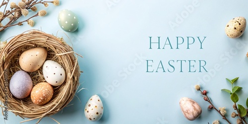Easter background with  easter eggs in a nest on pastel blue , greeting card, festive, holiday
