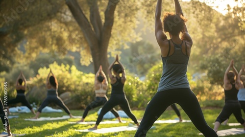 A group of women doing yoga in a park. They are all wearing sportswear and are in different poses.